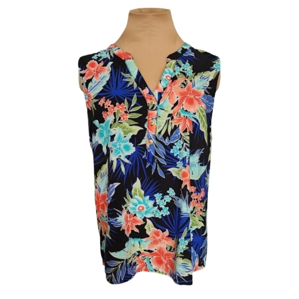 Kiwi Fresh Hawaiian Floral Sleeveless Blouse Rayon Size Large